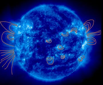 Part of the Sun’s magnetic field. The lines are “magnetic field lines”: a way of visualizing a magnetic field. Credit: NASA/SOHO 2002
